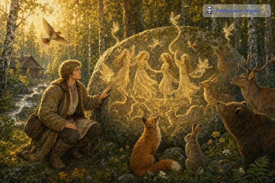 石头说，很久很久以前，这片森林是精灵们的家园。精灵们在森林里唱歌跳舞，它们和动物们是好朋友。那时候，森林里充满了生机和欢乐。