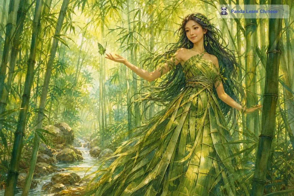 在遥远的印度，有一片美丽而神秘的竹林。这片竹林郁郁葱葱，竹子们高耸入云，竹叶在微风的吹拂下沙沙作响。竹林里住着一位善良的竹林仙子，她身着一袭用竹叶编织而成的翠绿色长裙，头发如同瀑布般垂下，闪烁着淡淡的绿色光芒。