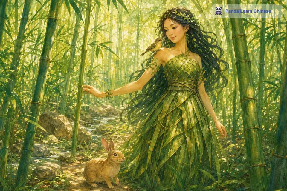 仙子的职责就是守护这片竹林。她每天都会在竹林中穿梭，查看每一棵竹子的生长情况。她与竹林中的小动物们也是好朋友，小鸟会停歇在她的肩头，小兔子会在她的脚边蹦跶。