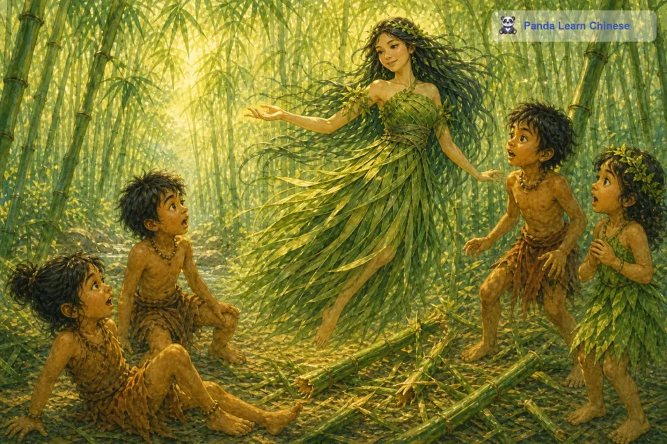 竹林仙子看到这一幕，十分心疼。她飞到孩子们面前，孩子们都被突然出现的仙子吓了一跳。