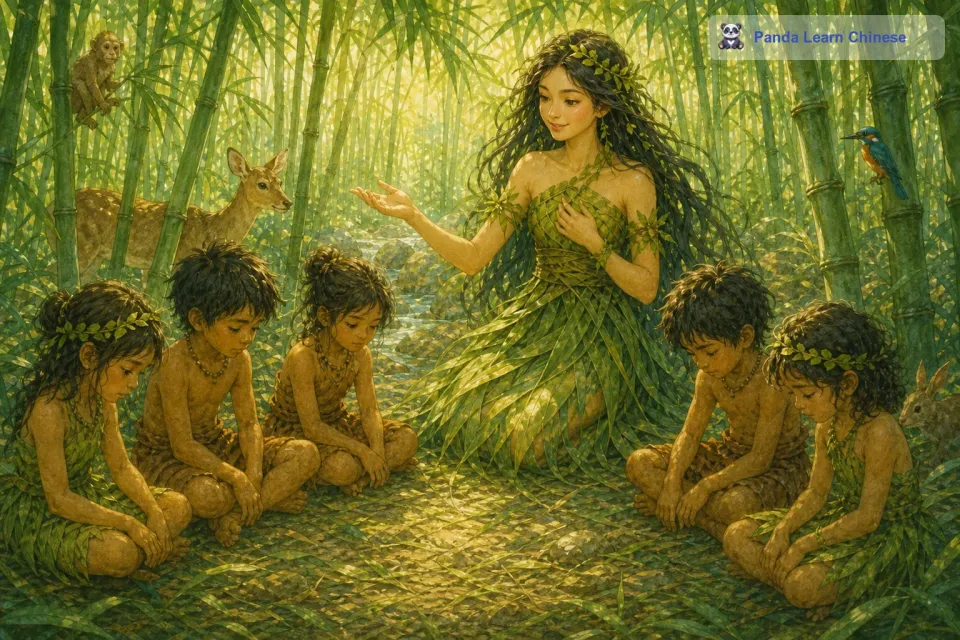 仙子并没有责怪他们，而是温柔地说：“小朋友们，这片竹林是我们的朋友，它为我们提供清新的空气，还为小动物们提供家园。如果我们破坏它，以后就再也看不到这么美丽的景色了。孩子们听了仙子的话，感到十分羞愧。