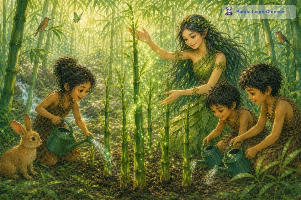 孩子们小心翼翼地把竹苗埋进土里，然后浇水。在仙子的魔法下，竹苗很快就茁壮成长起来。