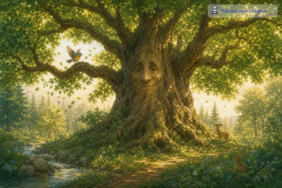 有一天，一只小鸟在寻找栖息地的时候发现了这棵大树。小鸟的翅膀已经飞累了，它看到大树就像看到了一个温暖的港湾。大树看到小鸟，轻轻地摆动着枝叶，像是在欢迎小鸟的到来。小鸟就在大树的枝头上安了家。