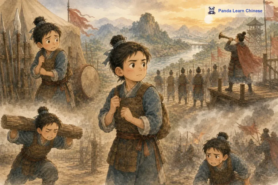 他害怕那些高大的兵器，害怕艰苦的训练，更害怕真的上战场。但是，他知道自己不能一直这样害怕下去，他想要成为一名真正勇敢的士兵。
