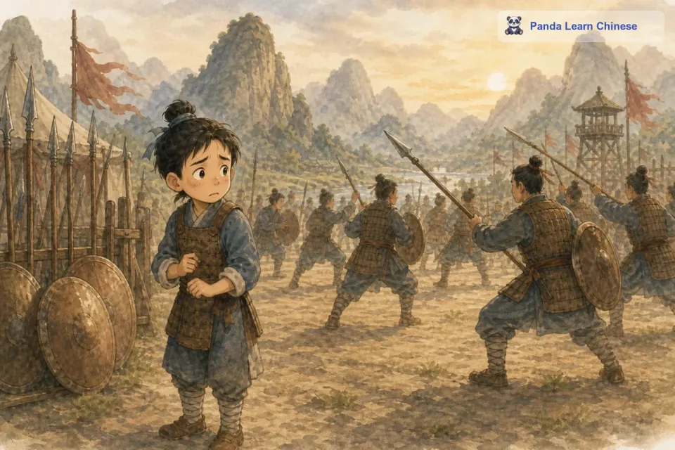 这一天，训练又开始了。小兵站在训练场上，看着那些比他还高的长枪和沉重的盾牌，他的腿都开始发软。旁边的战友们都已经迅速地拿起武器开始训练，而他却在原地不知所措。