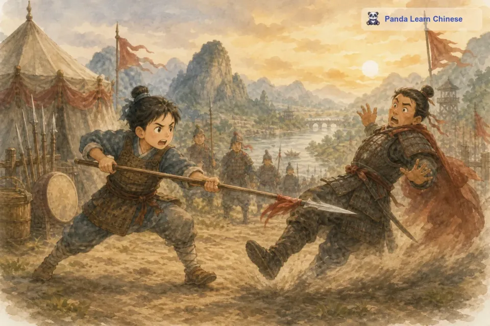 当一个“敌人”突然出现在他面前时，小兵没有退缩。他大喝一声，举起长枪就刺了过去。敌人”被他的气势吓了一跳，连忙躲避。小兵乘胜追击，利用自己学到的技巧，成功地把这个“敌人”打败了。这一次小小的胜利让小兵充满了信心，他继续在模拟战场上奋勇战斗。