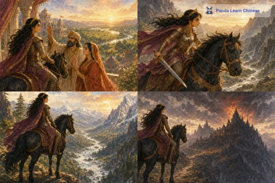 公主穿上了她最坚固的铠甲，带上了宝剑，骑上了她那匹忠诚的马。她告别了父母和自己的国家，朝着恶魔的领地出发。一路上，她遇到了许多艰难险阻，有陡峭的山脉，湍急的河流。但公主凭借着她的勇气和高超的骑术，一一克服了这些困难。