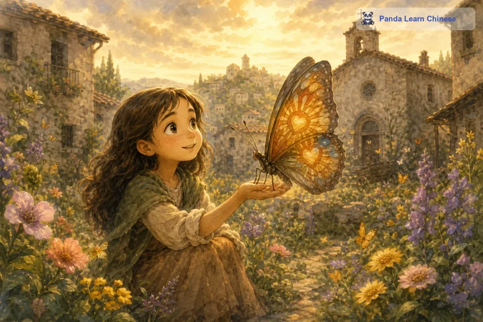 露西亚在花园里坐了下来，一只巨大而美丽的蝴蝶落在了她的手上。这只蝴蝶的翅膀上有着奇特的花纹，就像一个充满希望的符号。