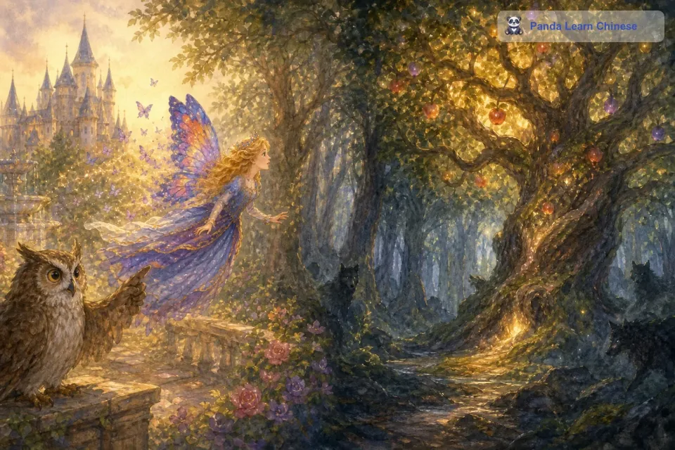 猫头鹰告诉公主，在遥远的魔法森林深处，有一颗古老的魔法树，树上结着能破解一切魔法的果实，但是通往魔法森林的道路充满了危险。公主听了并没有害怕，而是充满希望地朝着魔法森林的方向飞去。