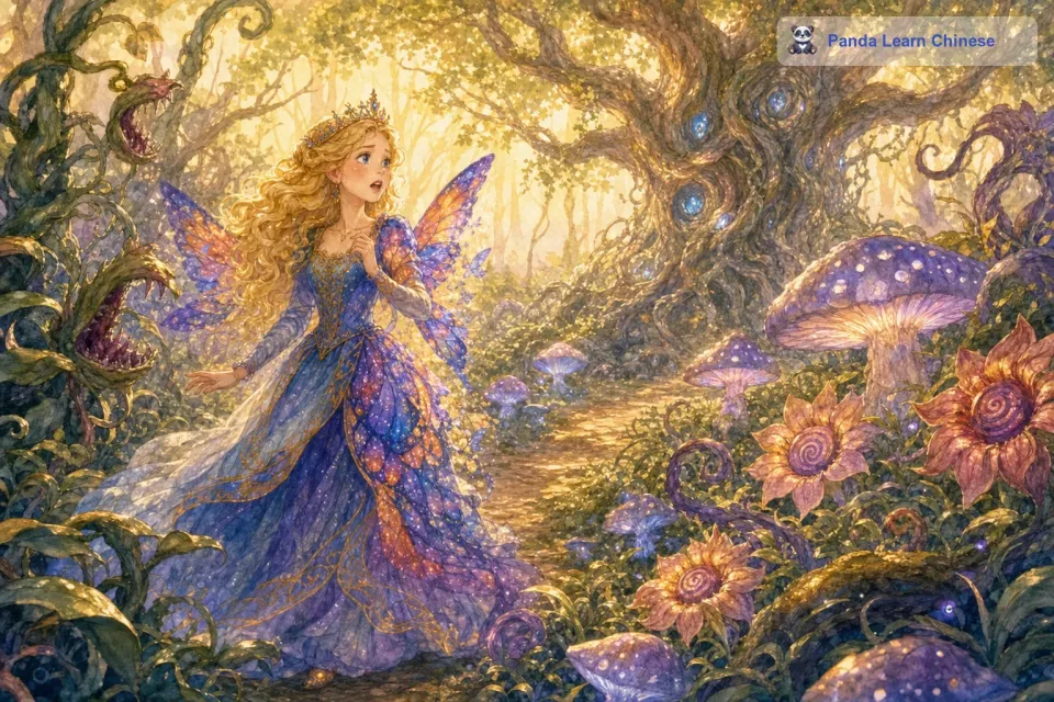 公主终于飞到了魔法森林。魔法森林里到处都是奇形怪状的植物，有的植物会突然伸出藤蔓，有的植物会散发出迷幻的香气。还有一些闪烁着奇异光芒的蘑菇。公主小心翼翼地在森林里穿梭着，一边躲避着危险，一边寻找着那棵古老的魔法树。