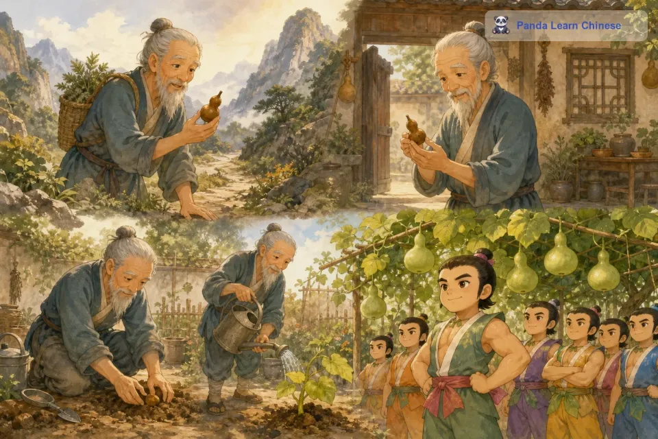 在很久很久以前，有一位老爷爷。有一天，他在山上采药的时候，发现了一颗神奇的葫芦种子。老爷爷满心欢喜，就把种子带回了家，种在了自家的院子里。他每天细心地浇水、施肥，期待着种子快快发芽。