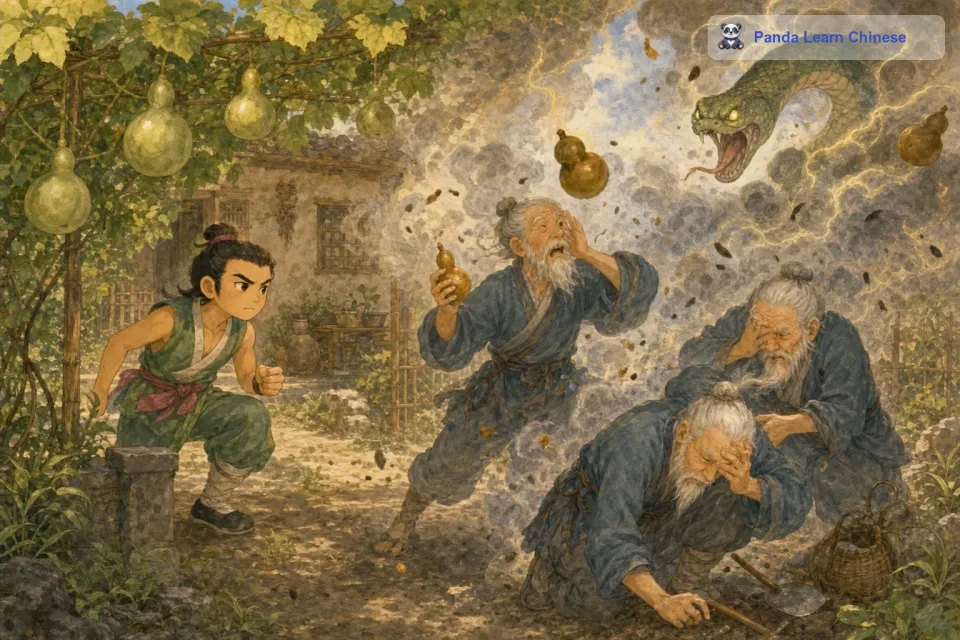 接着，二娃也出世了。二娃拥有千里眼和顺风耳的能力，他一眼就看到了被大石头压住的大娃和被妖怪关起来的老爷爷。二娃悄悄地靠近妖怪们，想要找机会救出大家。可是蛇精发现了二娃的能力，她让蝎子精弄出很多噪音来干扰二娃，然后又用妖法弄出了一阵烟雾迷住了二娃的眼睛，二娃也被妖怪抓住了。