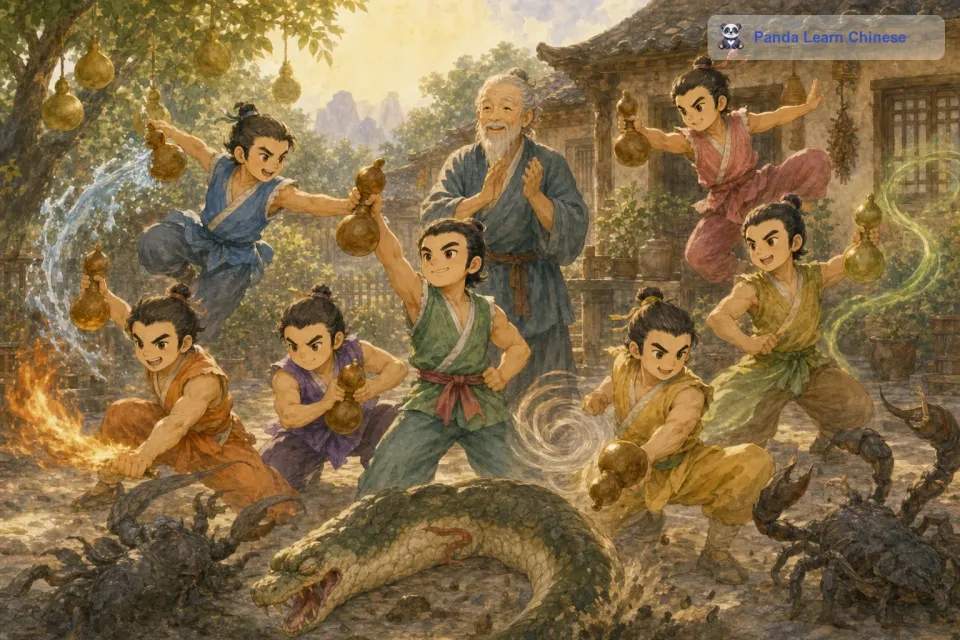 七个葫芦娃团聚后，他们决定一起去打败蛇精和蝎子精。大娃用他的力气搬起了大石头砸向妖怪，二娃用他的千里眼和顺风耳寻找妖怪的弱点，三娃挡住妖怪的攻击，四娃喷火，五娃喷水，六娃隐身去偷袭妖怪，七娃用宝葫芦收妖怪。最后，葫芦兄弟团结一致，成功地打败了蛇精和蝎子精，保护了家园，从此和老爷爷幸福地生活在一起。