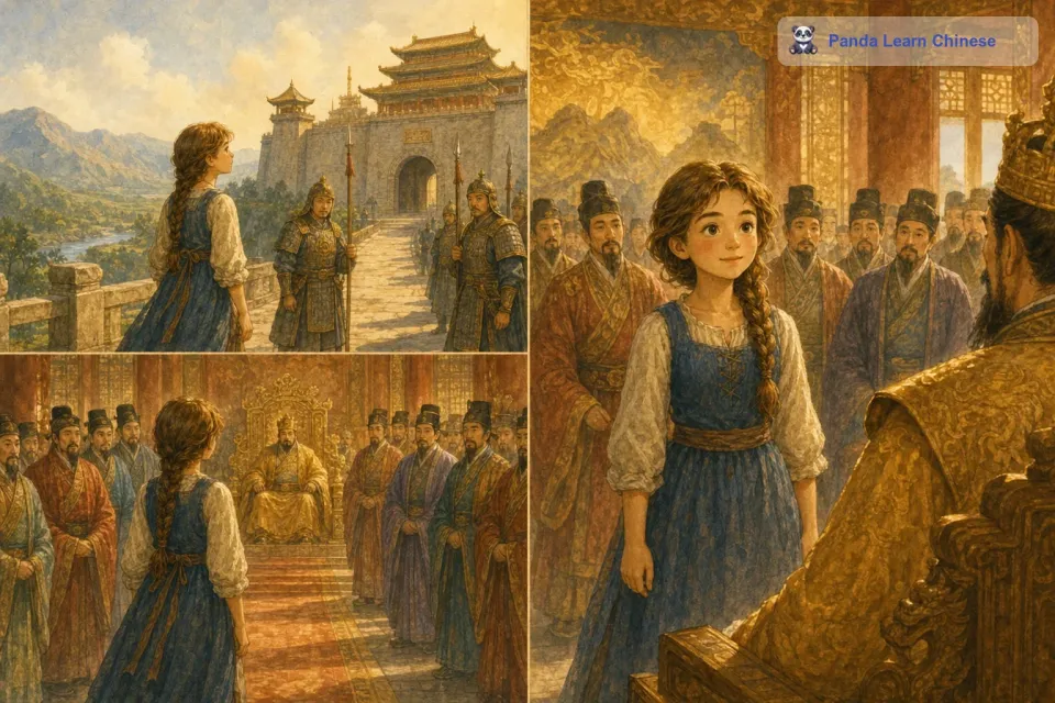 第二天，她勇敢地走向王宫。王宫高大而宏伟，守卫们都好奇地看着这个来自小村庄的女孩。当她站在国王和众多大臣面前时，她没有丝毫的胆怯。