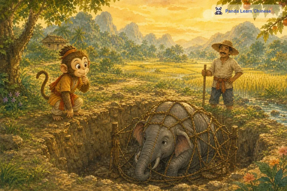 猴子在陷阱边走来走去，思考着救大象的办法。它看了看陷阱周围的环境，发现陷阱的壁上有一些可以攀爬的小凸起。