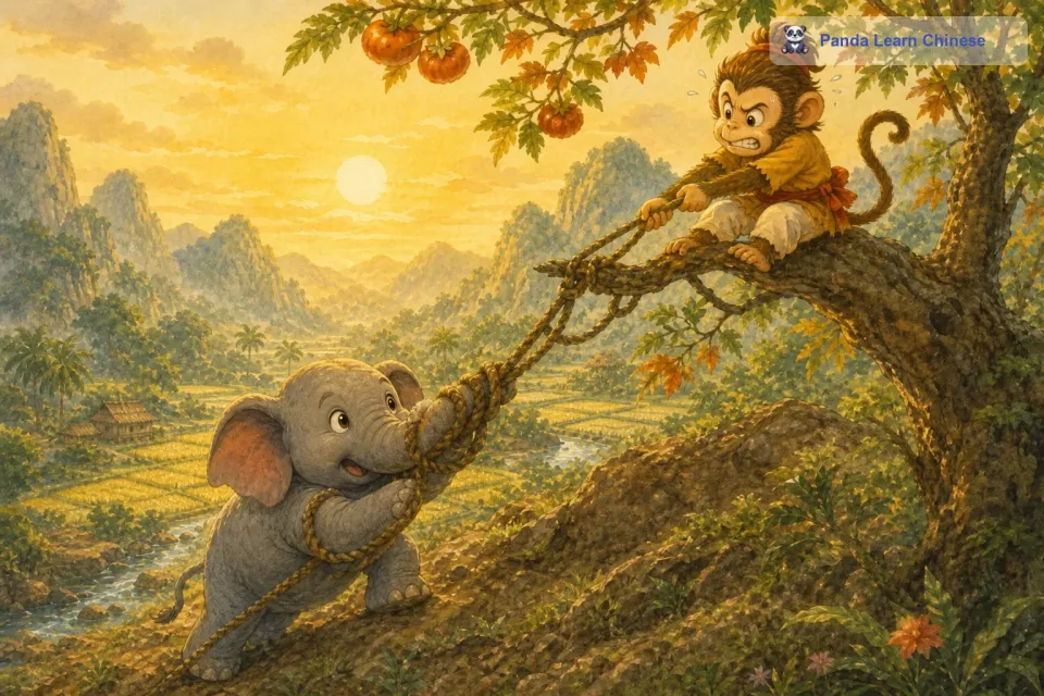大象紧紧地卷住藤蔓，在猴子的鼓励下开始努力地往上爬。猴子在上面也使出了全身的力气，拉着藤蔓帮助大象。可是大象实在是太重了，猴子拉得很吃力，累得气喘吁吁。但是它没有放弃，仍然咬着牙坚持着。