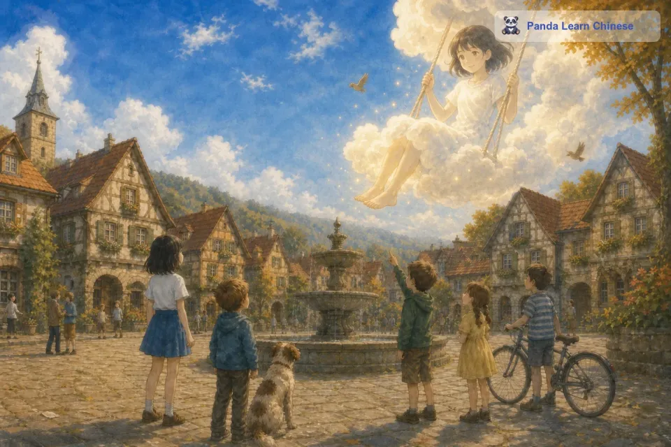 云朵女孩高兴地加入了他们。她坐在秋千上，孩子们在后面轻轻地推她。她感觉自己就像在云朵里飘荡一样，开心极了。