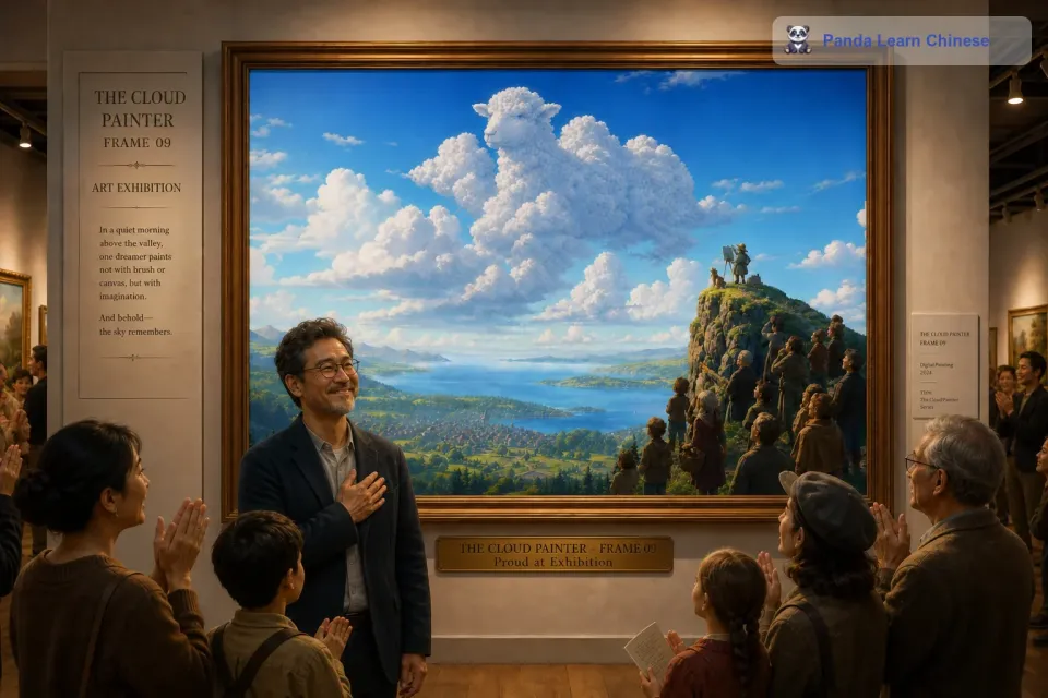 小悠站在画展前，看着人们对他作品的喜爱和赞赏，他感到无比的自豪和满足。他知道，自己虽然没有昂贵的画笔和颜料，但他用自己的方式实现了成为画家的梦想。