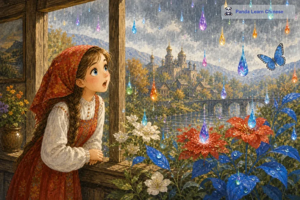 彩色的雨滴落在大地上，每一滴雨滴都像是一个小小的魔法精灵。雨滴落在白色的花朵上，花朵瞬间变成了鲜艳的红色；雨滴落在绿色的叶子上，叶子就变成了明亮的蓝色。安娜惊讶地张大了嘴巴，她被这神奇的景象深深吸引。