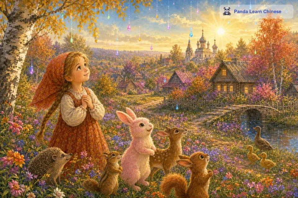 彩色雨滴持续下了一会儿，然后慢慢停了下来。太阳出来了，照耀着这个变得绚丽多彩的村庄。安娜和小动物们站在村子中央，望着这个被彩色雨滴装点得无比美丽的世界，心中充满了喜悦和惊奇。从那以后，每当安娜回忆起这一天，她的脸上都会洋溢着幸福的笑容。