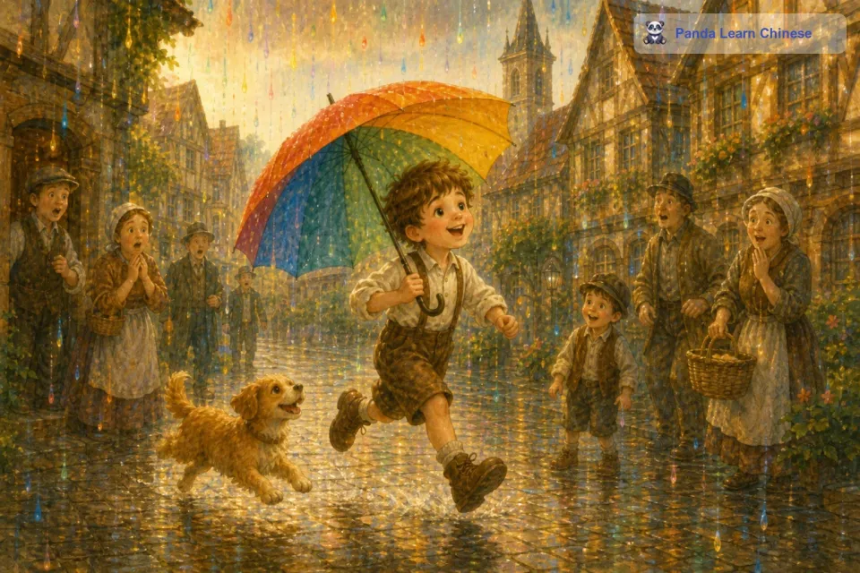 他开始在雨中奔跑起来，彩色的雨伞就像一朵盛开的花朵，随着他的奔跑而晃动。他跑过小镇的街道，周围的人们都惊讶地看着他和他那把神奇的雨伞，孩子们都露出羡慕的眼神。