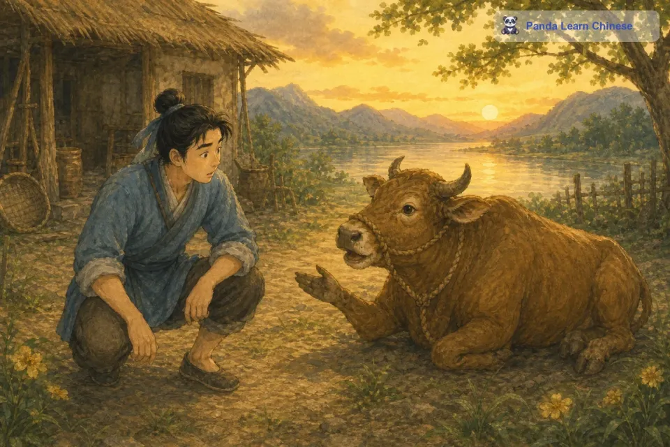 一天，老牛突然开口说话了，它告诉牛郎，他去湖边，就能遇到下凡洗澡的仙女们，只要藏起其中一位仙女的衣裳，那位仙女就会成为他的妻子。牛郎虽然很惊讶老牛会说话，但还是按照老牛的话去做了。