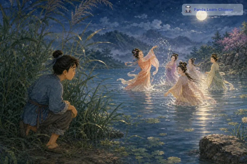 牛郎来到湖边，果然看到了一群美丽的仙女在湖中嬉戏。他悄悄藏起了其中一位仙女的衣裳。