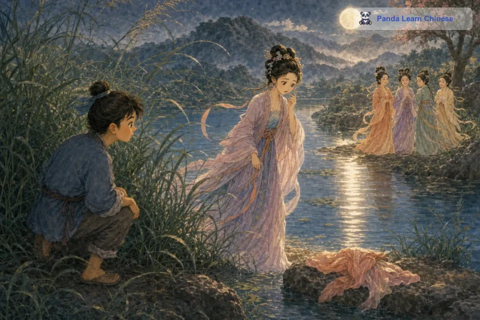 等仙女们洗完澡上岸穿衣服的时候，那位丢了衣裳的仙女找不到衣服，只能留在湖边。这位仙女就是织女，她是天上王母娘娘的孙女，擅长织布，能织出五彩斑斓的云霞。