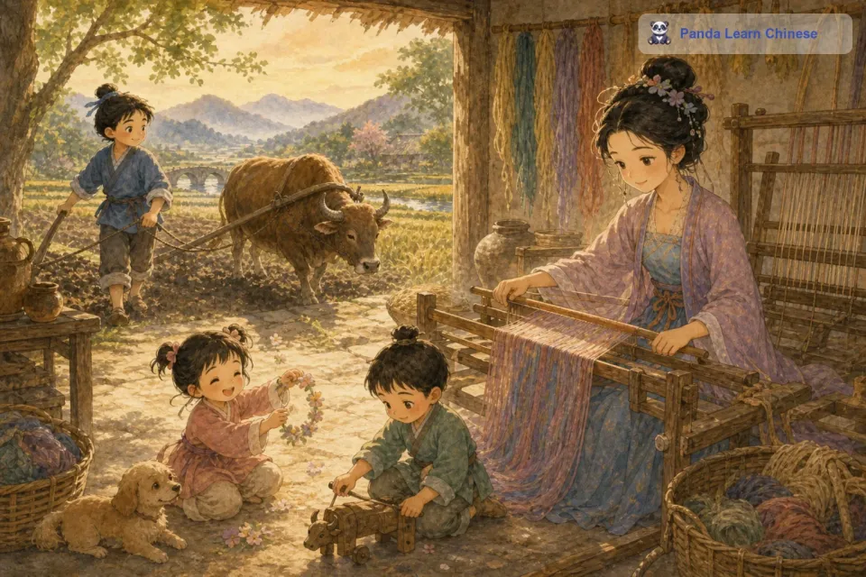 牛郎走出来，将衣裳还给了织女，并向她表达了自己的爱意。织女被牛郎的真诚和善良所打动，于是就留在了人间，和牛郎结为了夫妻。他们过上了幸福的生活，男耕女织，还生下了一儿一女。