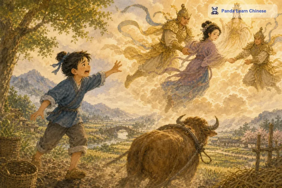然而，好景不长。王母娘娘发现织女下凡与牛郎成婚，勃然大怒。她派天兵天将下凡，强行把织女捉回天庭。