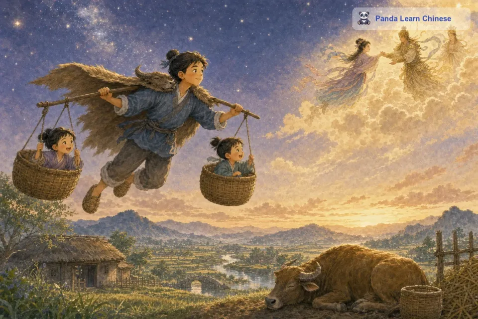 牛郎发现织女被抓走后，非常伤心。这时老牛又说话了，它告诉牛郎，在它死后，牛郎可以披上它的皮，就能够飞上天去追织女。老牛说完就倒下死了，牛郎按照老牛的话，披上牛皮，挑着一双儿女就追向天庭。