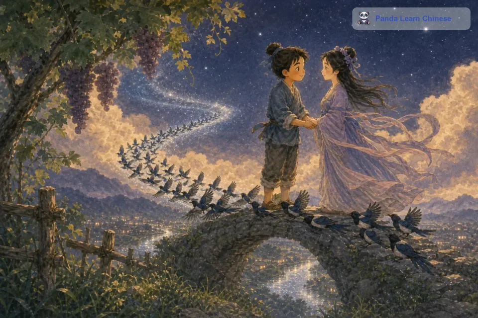 王母娘娘看到这个场景，也被他们的爱情所感动，最终允许牛郎和织女每年的七月七日在鹊桥上相会一次。从此，每年的七月七日就成为了七夕节，人们传说在这一天，能在葡萄架下听到牛郎和织女的窃窃私语呢。