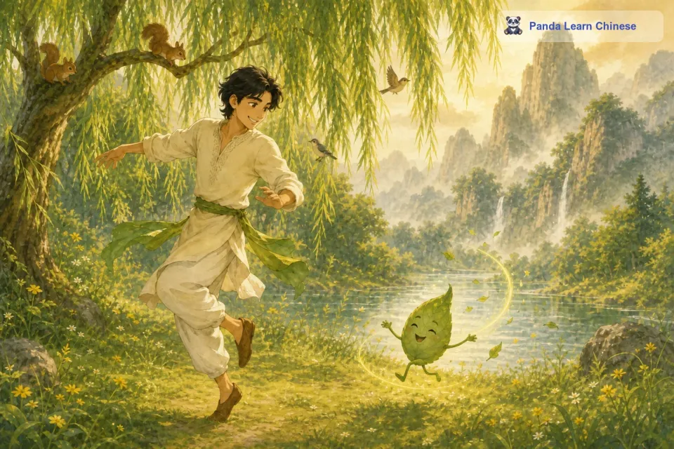 当清晨的第一缕阳光洒下来的时候，微风轻轻吹过，这片小树叶就开始欢快地舞动起来。它的舞姿轻盈而优美，仿佛在向整个森林诉说着内心的喜悦。周围的小动物们看到小树叶跳舞，都纷纷围了过来，小松鼠坐在树枝上，眼睛亮晶晶地看着；小鸟也停止了飞翔，落在附近的枝头，歪着头欣赏。