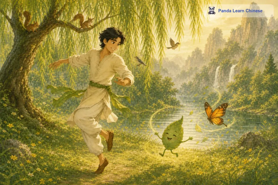 小树叶越跳越起劲儿，它的舞蹈带动着周围的空气，形成了一个个小小的漩涡。小蝴蝶被吸引了过来，它围绕着小树叶翩翩起舞，就像在和小树叶进行一场特殊的舞蹈比赛。小树叶一会儿旋转，一会儿摆动，小蝴蝶也不甘示弱，扇动着翅膀做出各种优美的动作。