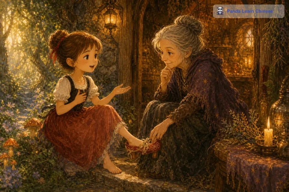 莉莉按照小精灵的指引，终于找到了女巫的小屋。女巫看到莉莉的到来，并没有感到惊讶。莉莉礼貌地向女巫请求解除鞋子上的魔法，女巫看着莉莉，思考了一会儿。女巫说，她施魔法是因为想让大家感受到跳舞的快乐，但是她没有想到会给莉莉带来这么多的困扰。