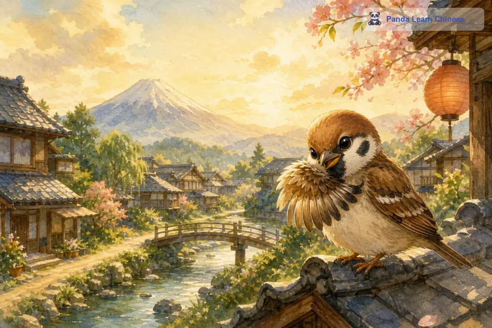 在一个美丽的日本小村落里，住着一只小麻雀。这只小麻雀非常勤劳，每天早早地就起床，梳理自己的羽毛，然后开始一天的生活。小麻雀总是充满活力，它的眼睛亮晶晶的，透着一股机灵劲儿。