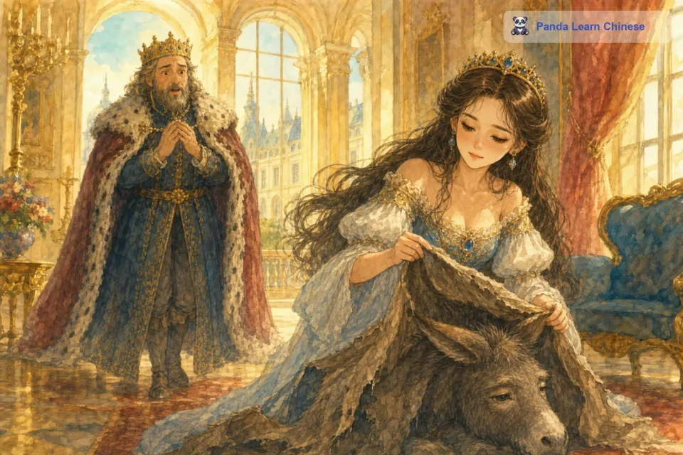 随着时间的推移，公主和王子之间的感情越来越深。公主觉得王子是一个可以托付终身的人，终于有一天，公主在王子面前脱下了驴皮。她那美丽的容貌再次展现出来，王子被她的美貌惊呆了。王子告诉公主，他爱的是公主的内心，不管她披着驴皮还是穿着华丽的衣服，他都一样爱她。