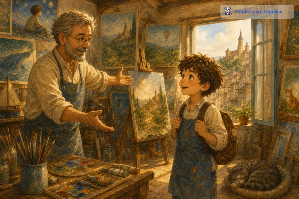 皮埃尔先生邀请卢卡到他的画室参观。卢卡一走进画室，就被那些精美的画作和各种各样的绘画工具吸引住了。画室里弥漫着颜料的香气，墙上挂满了皮埃尔先生的杰作。皮埃尔先生看着卢卡好奇的样子，笑着对他说：“孩子，如果你想要成为一名画家，你要学会用画笔去捕捉你心中的梦想。