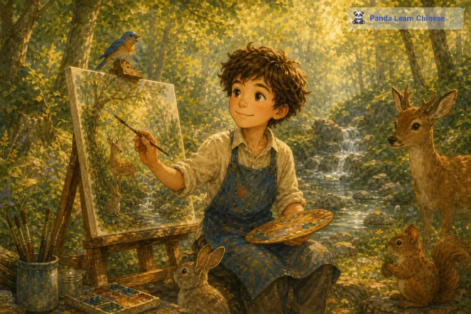卢卡找了一个安静的角落，支起画架开始画画。他想要画出树林里的宁静与和谐，画出小动物们的灵动与活泼。他用画笔在画布上涂抹着，把他看到的一切都变成了美丽的色彩。