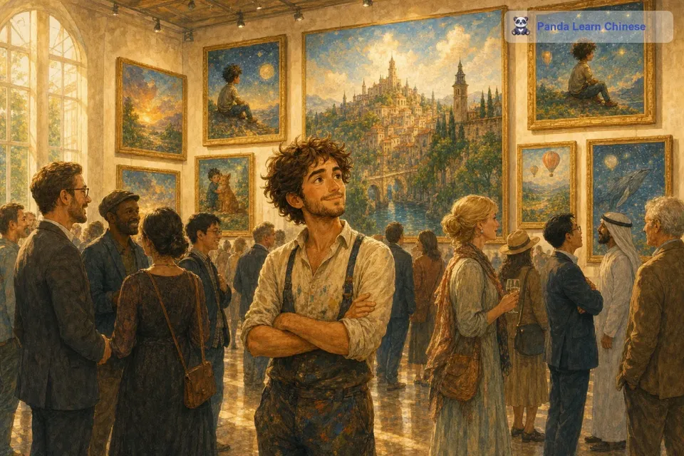 最终，卢卡举办了自己的大型个人画展。画展上展出了他从童年到成年的各个时期的代表作。每一幅画都像是他人生旅程中的一个脚印，记录着他的成长和梦想的实现。人们从世界各地赶来观看他的画展，都被他画作中的想象力和独特的风格所打动。卢卡站在画展的中央，看着人们对他作品的喜爱和认可，他知道，他已经实现了自己的梦想，成为了一名伟大的画家。他希望他的画作能够继续激励更多的孩子，去勇敢地追逐自己的梦想。