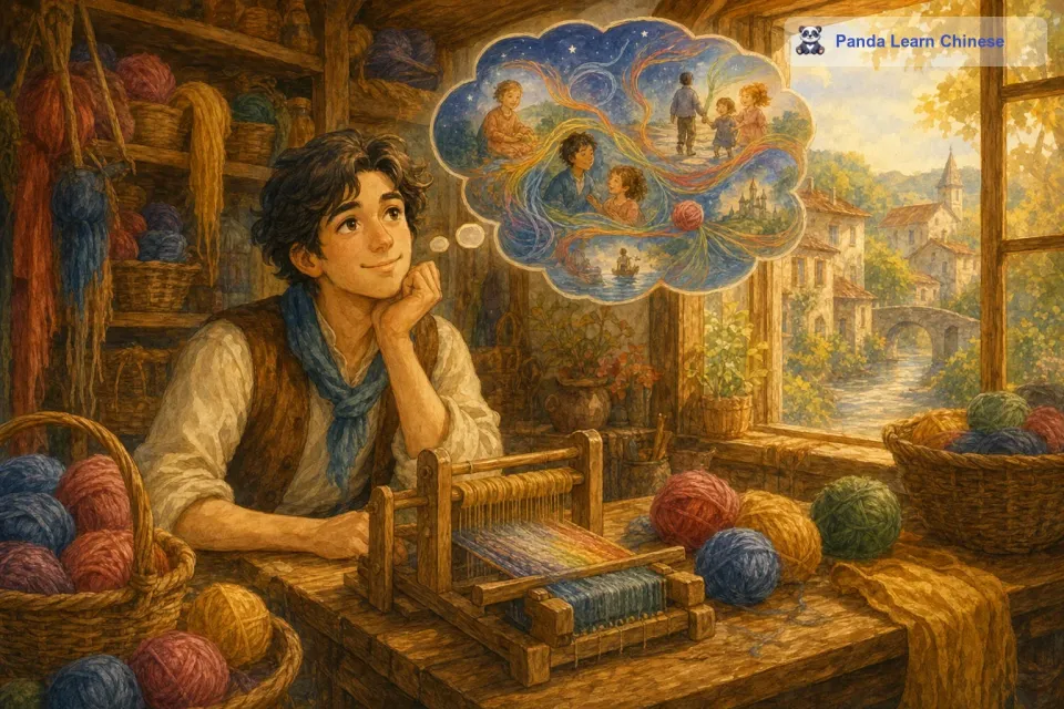 他每天都会坐在自己那间小小的工作室里，面前摆放着各种各样五颜六色的毛线。他的梦想就是用这些毛线编织出人们心中最美好的梦想。