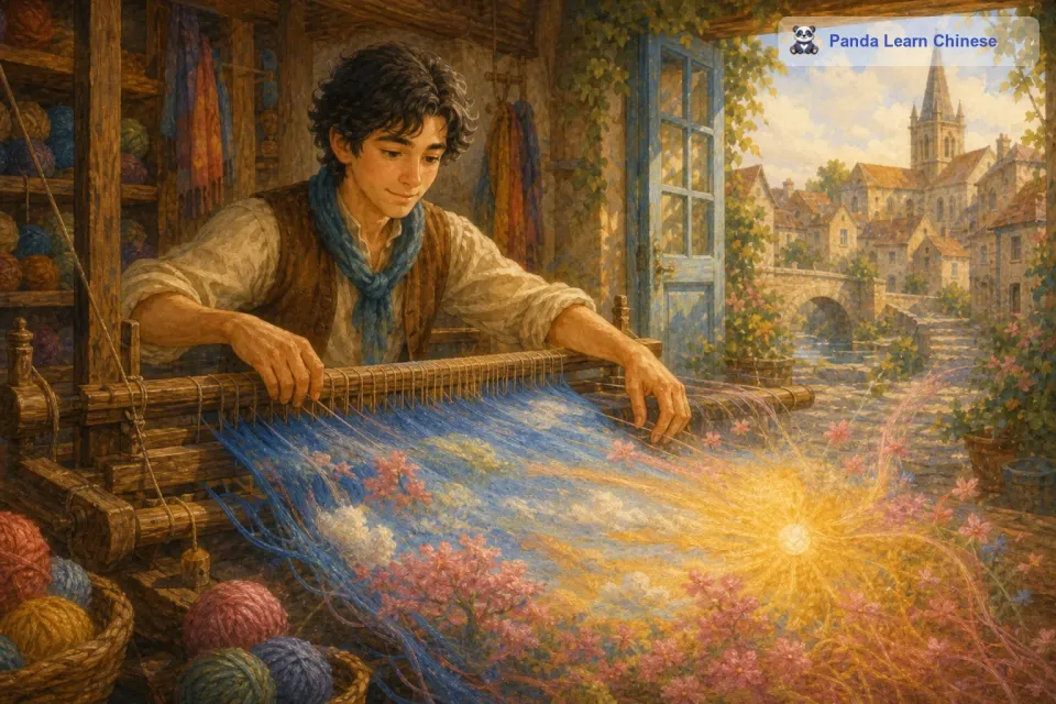 皮埃尔坐在织布机前，开始编织起来。他的手指灵活地穿梭在毛线之间，就像在弹奏一首美妙的乐曲。他把蓝色的毛线织成了一片广阔的蓝天，把粉色的毛线织成了一朵朵盛开的花朵，把黄色的毛线织成了温暖的阳光。他全神贯注地编织着，忘记了周围的一切。