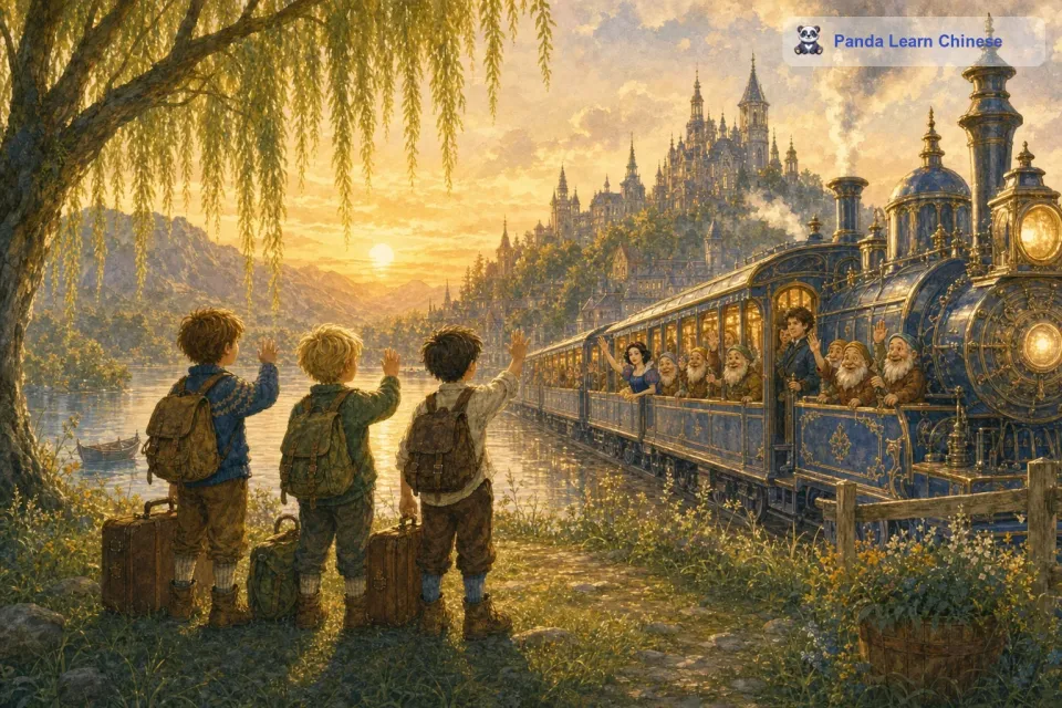 但是，快乐的时光总是短暂的。随着太阳渐渐西沉，孩子们知道他们要回家了。他们带着满满的美好回忆，走向列车。他们的脸上虽然有一丝不舍，但更多的是满足。登上列车后，他们还透过车窗向童话世界里的朋友们挥手告别。