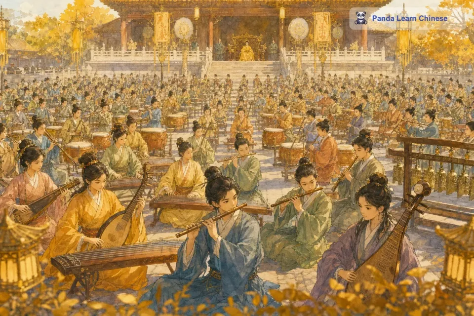 他召集了三百个擅长吹竽的乐师，组成了一支庞大的乐队。这些乐师们每天都会在宫廷里为齐宣王演奏，那场面十分壮观。