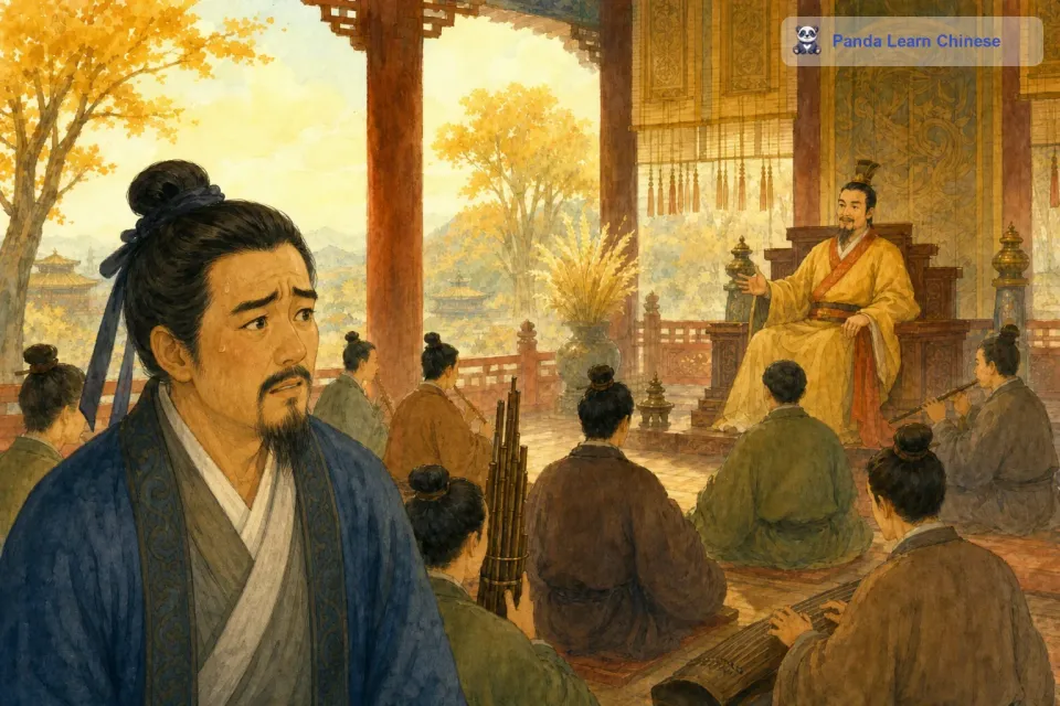可是好景不长，齐宣王去世了，他的儿子齐湣王继承了王位。齐湣王也喜欢听吹竽，但他和他的父亲不一样，他不喜欢听合奏，而是喜欢听乐师们一个一个地独奏。这个消息传来后，南郭先生非常害怕，因为他知道自己根本不会吹竽，如果单独演奏的话，肯定会被发现的。