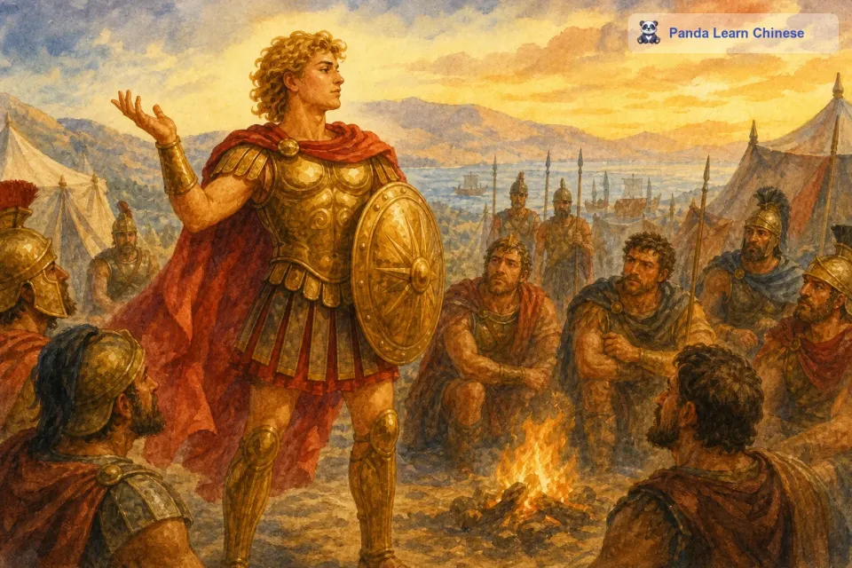 他与士兵们交谈时，总是不自觉地流露出骄傲的神情。他告诉士兵们，这场战争对他来说就像一场游戏，敌人在他眼中不过是蝼蚁。他完全没有把敌人放在眼里，尽管士兵们提醒他要小心谨慎，但阿喀琉斯却不以为然，他坚信自己的力量可以轻易地摧毁敌人。