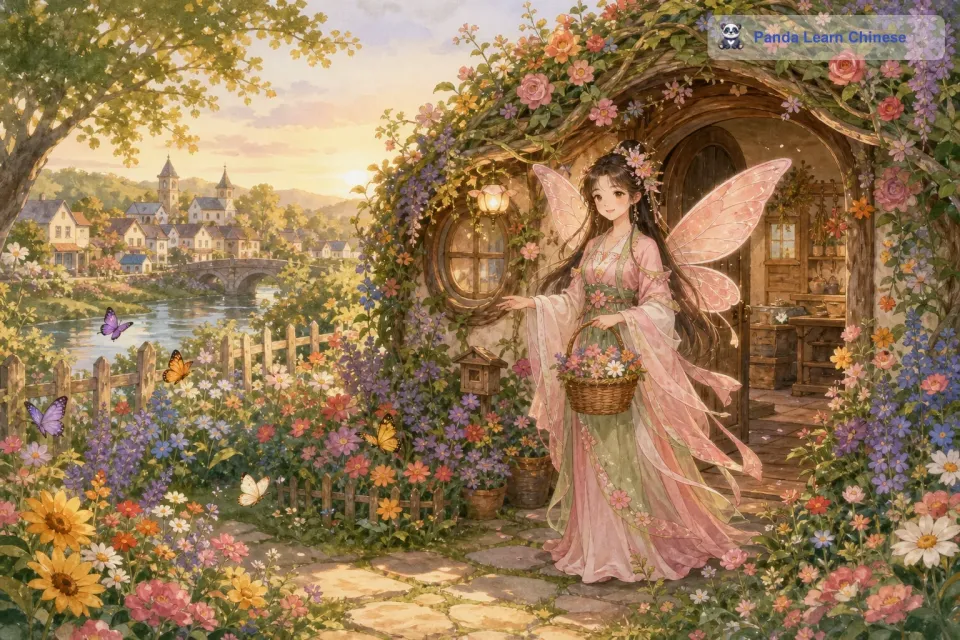 在一个美丽的美国小镇上，住着一位善良的花仙子。她住在一个用花朵和藤蔓编织而成的小屋里，周围满是五颜六色的花朵。