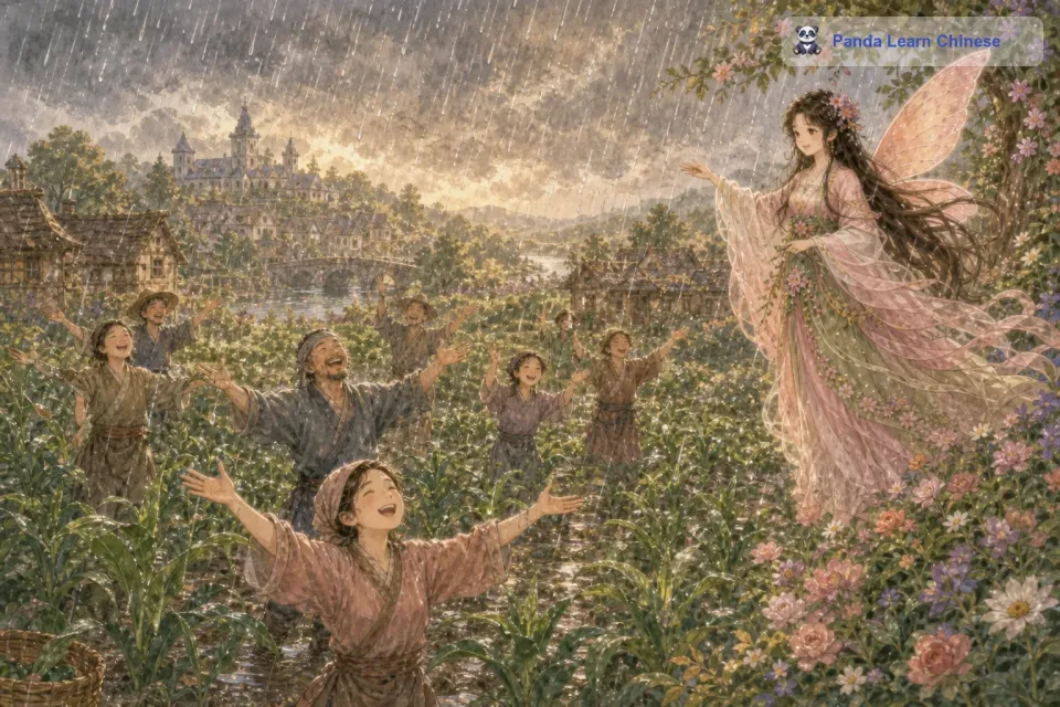 接着，豆大的雨点从天空中落了下来，落在了干涸的农田里。庄稼们像是久旱逢甘霖一样，大口大口地喝着雨水，原本枯黄的叶子又重新变得翠绿起来。人们看到下雨了，都高兴地欢呼起来，纷纷跑到雨中，感受着雨水的滋润。