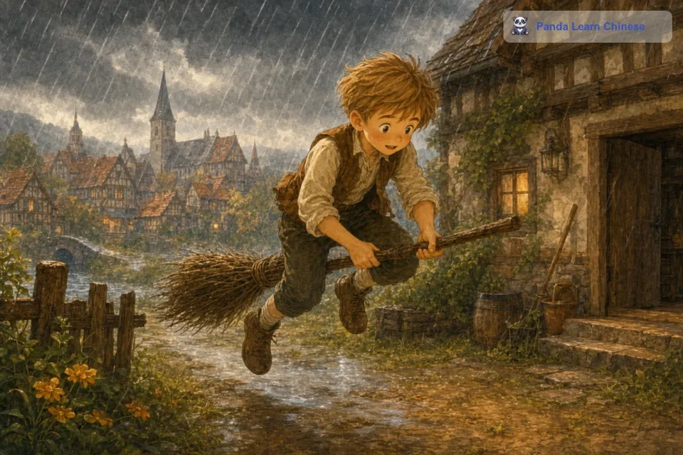 狂风呼啸，雨滴开始落了下来。但扫帚在风雨中依然坚定地飞行着。终于，汉斯看到了自己的小镇。扫帚带着他安全地降落在他家的院子里。