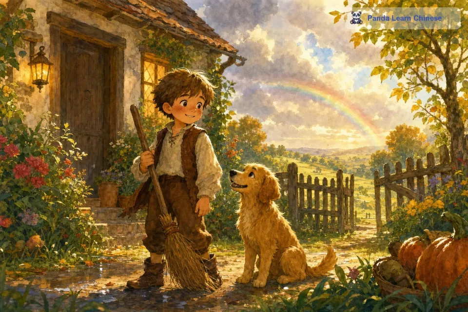 汉斯从扫帚上下来，他轻轻地抚摸着 扫帚，心中充满了感激。从那以后，汉斯和这把神奇的飞天扫帚成为了最好的朋友，他们经常一起去探索这个美丽而又神奇的世界。